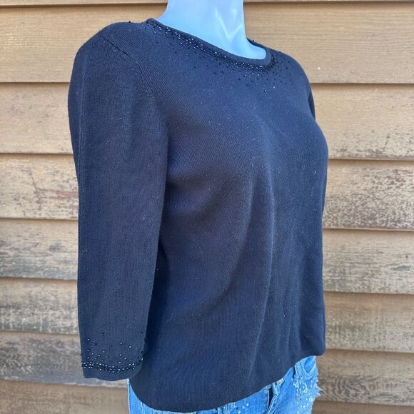 Vintage Laura Scott Petite Black Beaded Sweater L 3/4 Sleeve Acrylic & Cotton Bl - Picture 6 of 8